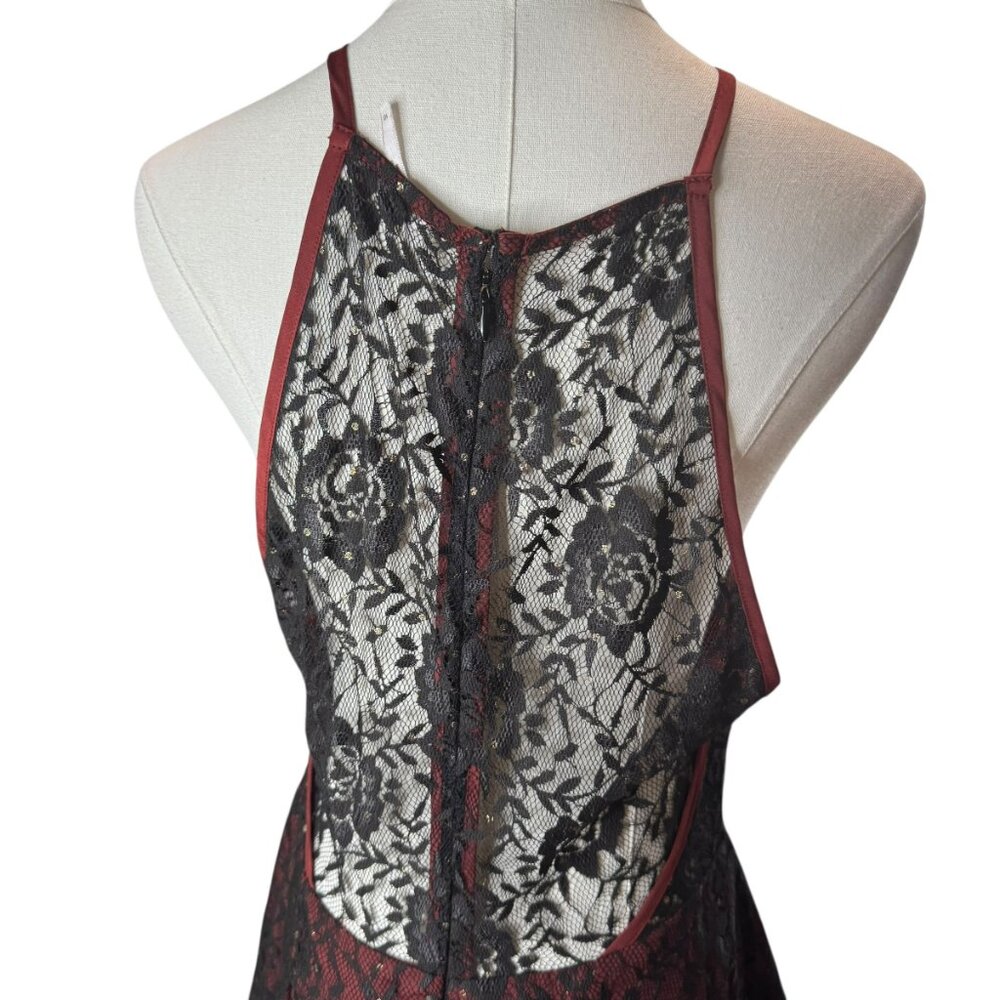 xFree People Black & Burgundy Lace Fit & Flare Mini Dress SZ:10  Sheer Open Back - Picture 2 of 11